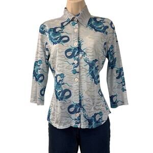90s Y2k Rampage blue dragon burnout Top button up 3/4 sleeve blouse